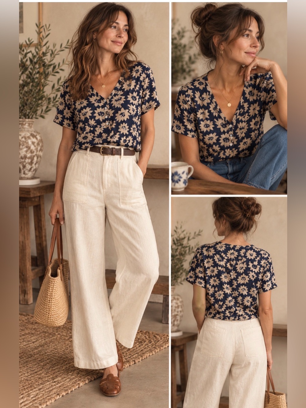 100% Cotton White Rice Vintage Y2K Floral Cotton Blouse Navy Cream M